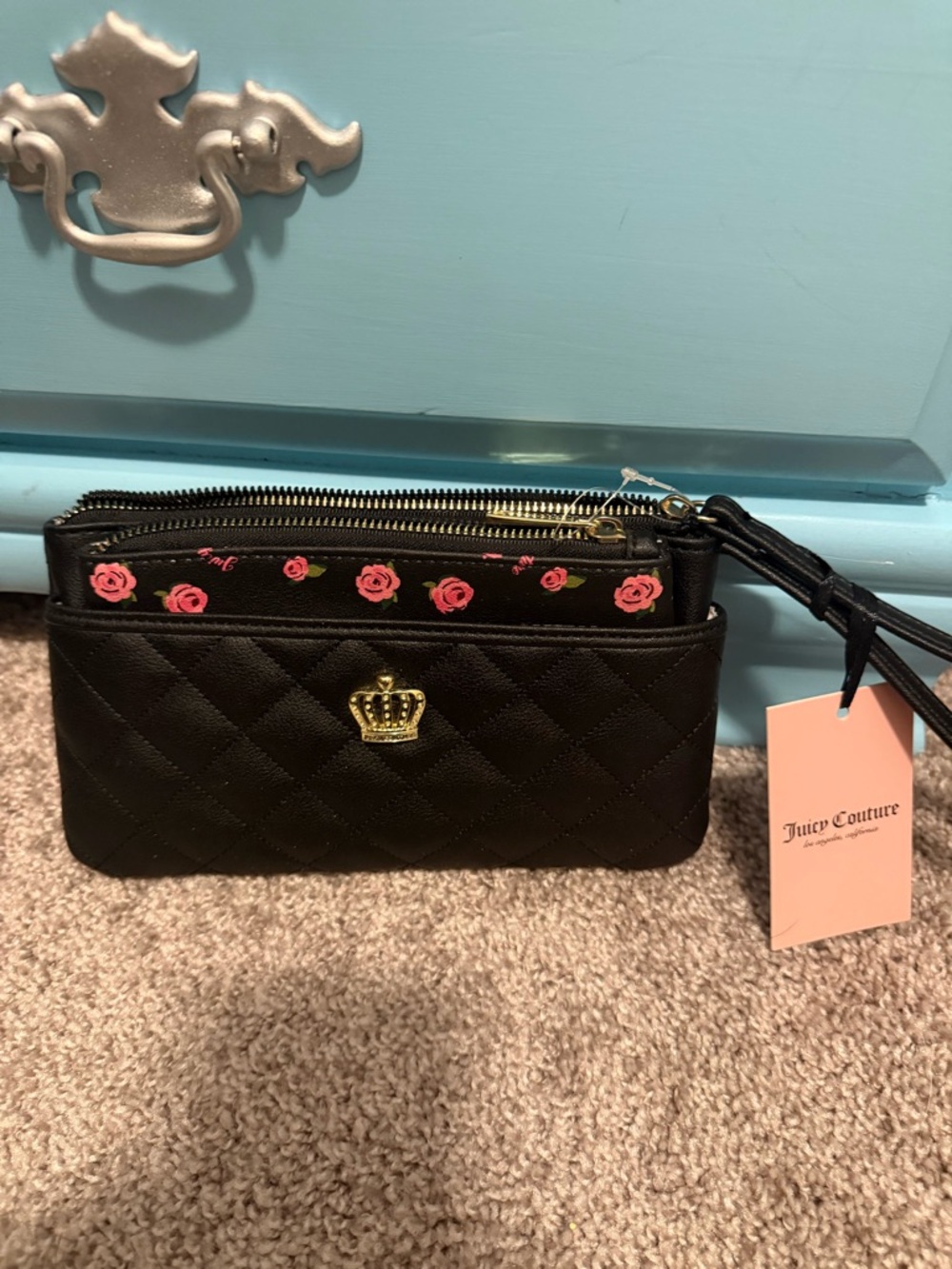 Juicy Couture Black Quilted Wristlet with Pink Rose Trim